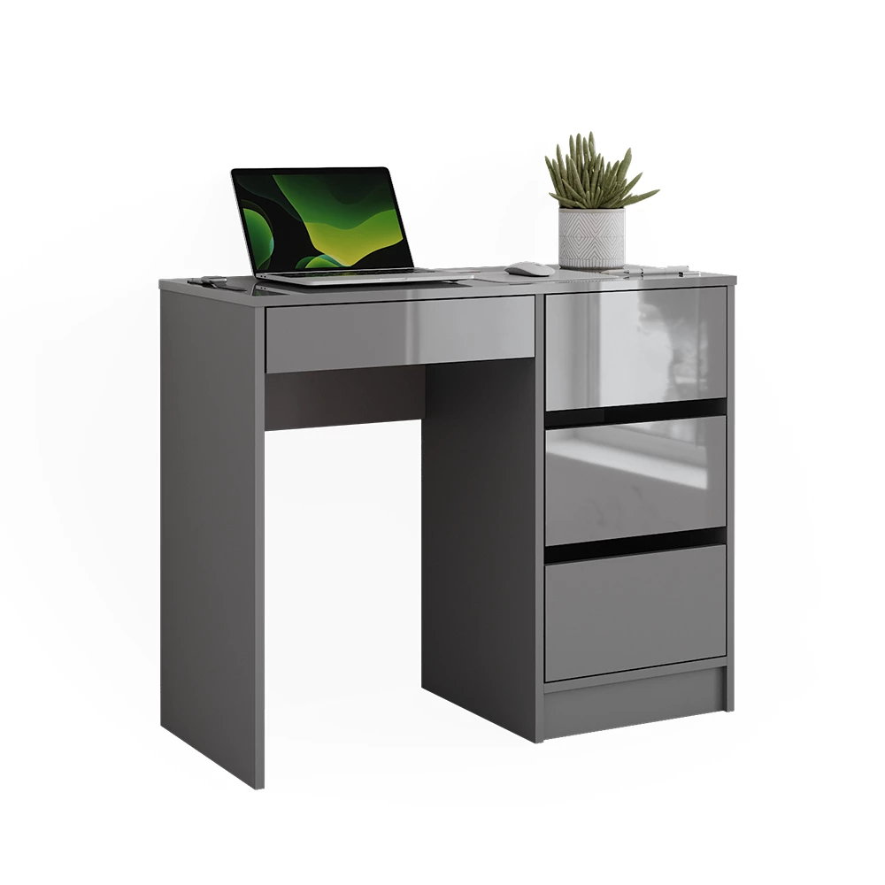 Schreibtisch in Grau Hochglanz auf weißem Hintergrund mit dekorativen Elementen