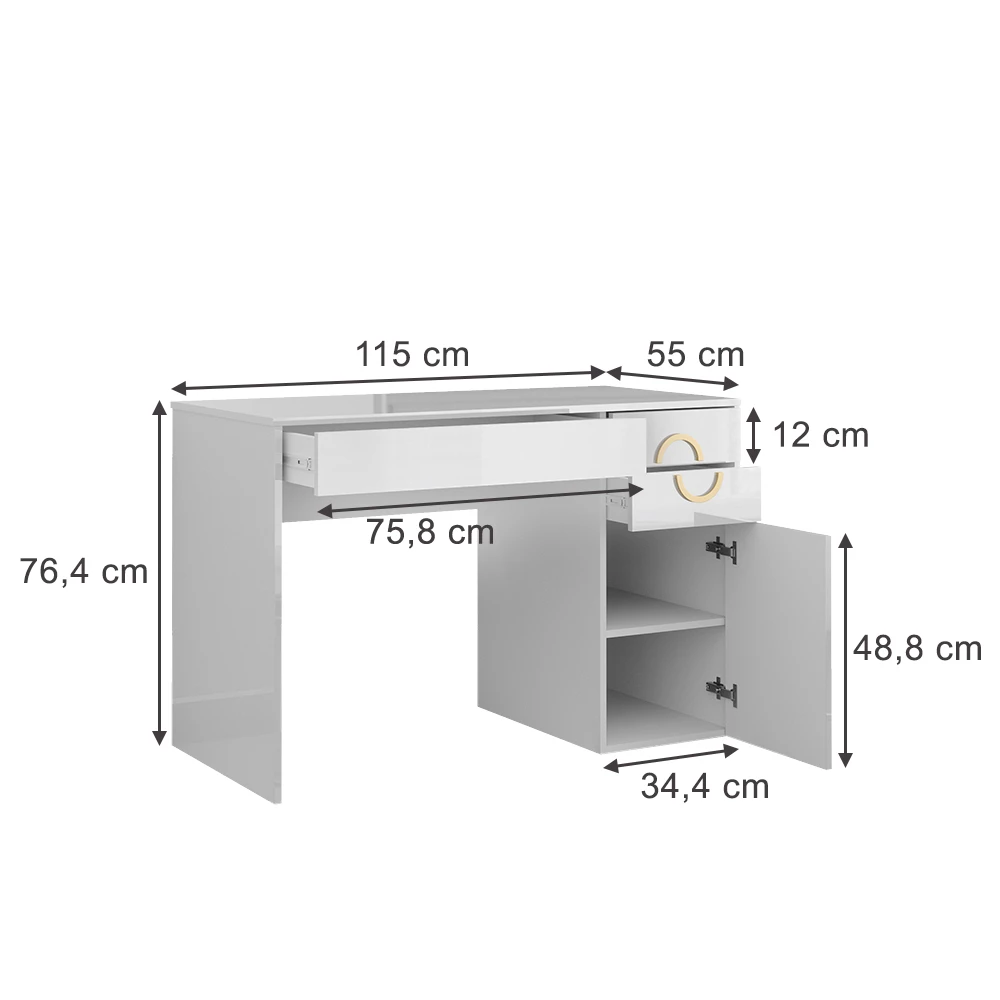 Schreibtisch in Weiß Hochglanz auf weißem Hintergrund mit sichtbaren Maßen
