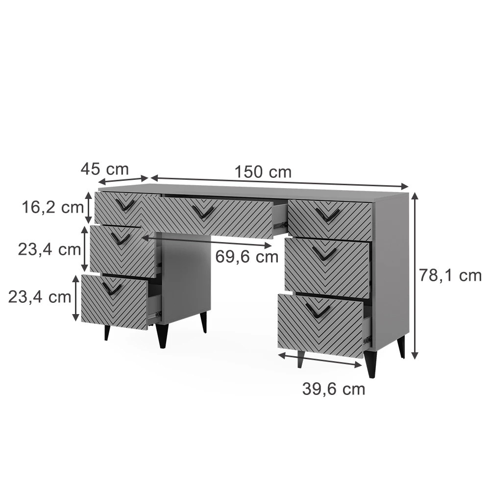 Schreibtisch in Grau auf weißem Hintergrund mit sichtbaren Maßen