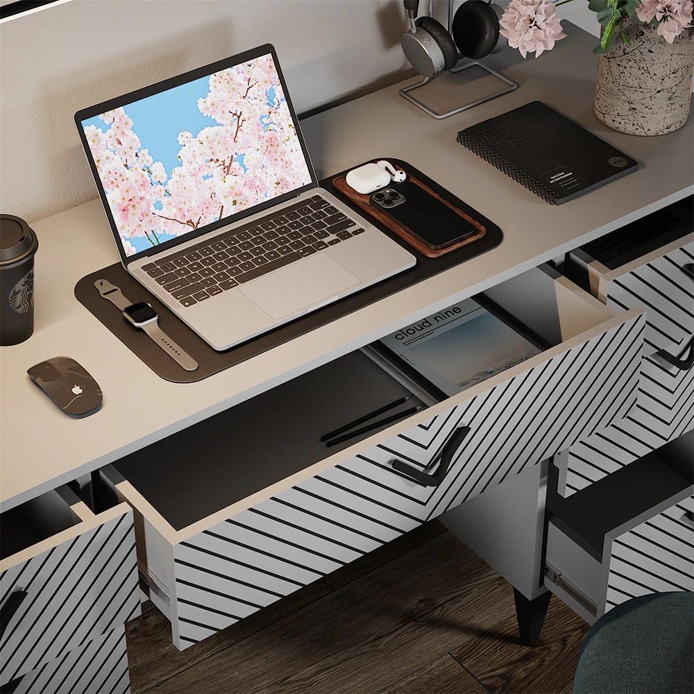 Nahaufnahme von Schreibtisch in Grau, zeigt Textur/Details