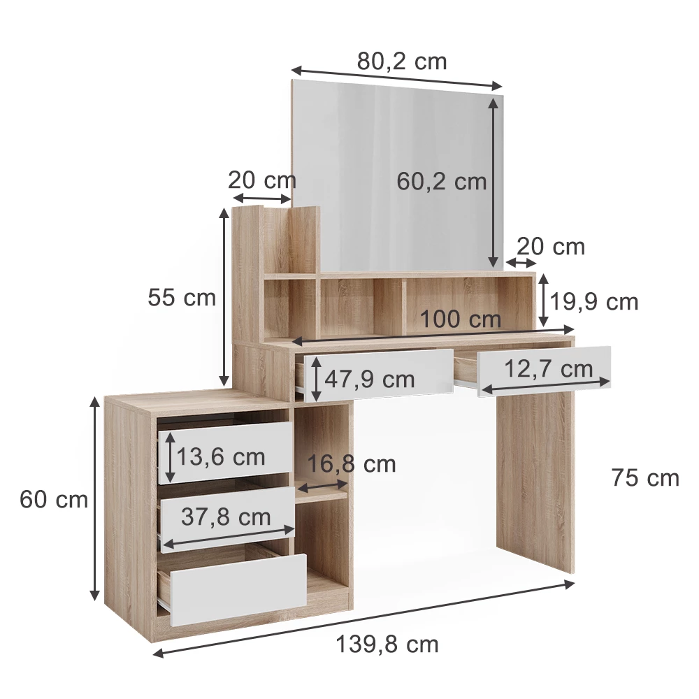 Schreibtisch in Weiß/Sonoma auf weißem Hintergrund mit sichtbaren Maßen