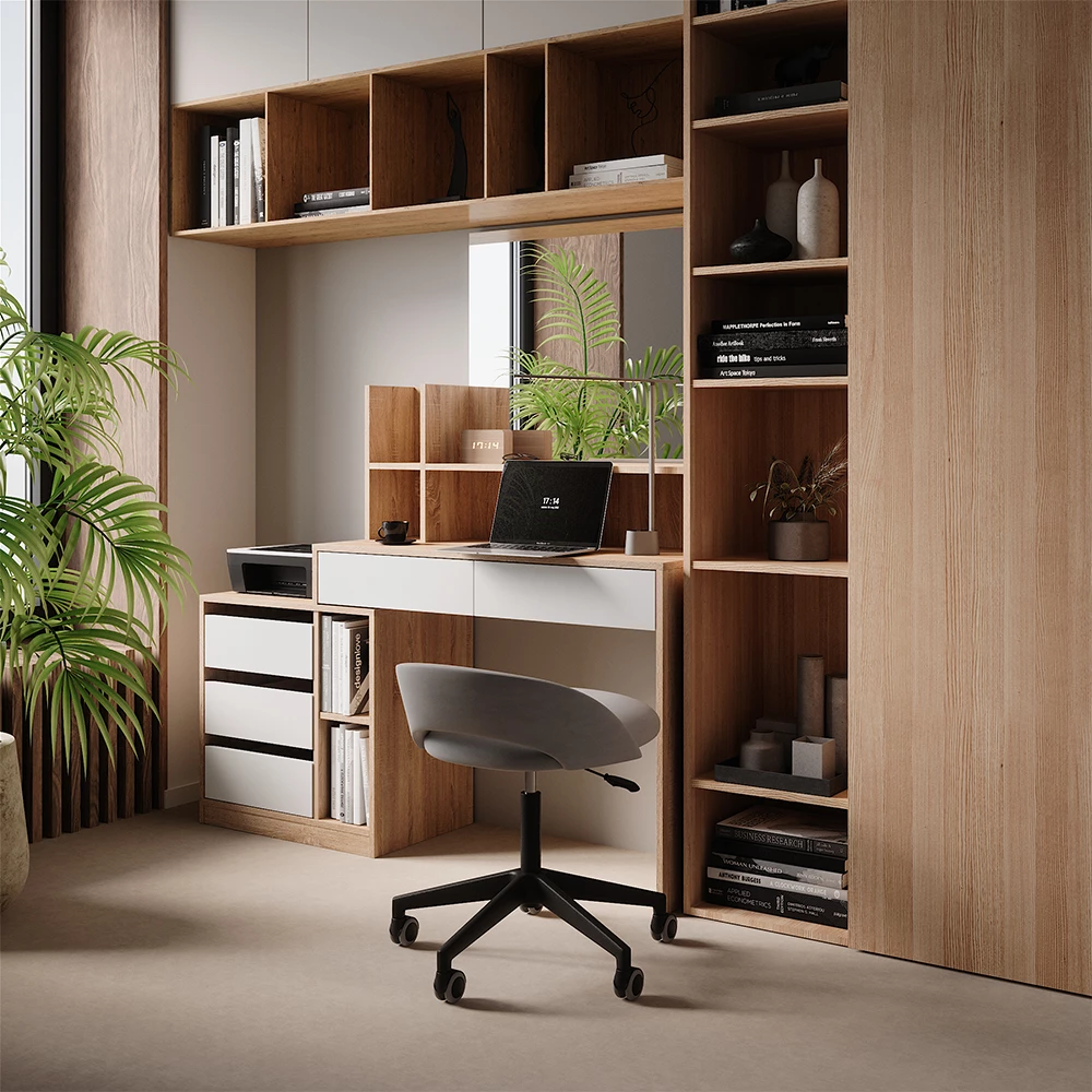 Schreibtisch in Weiß/Sonoma, dargestellt im Ambiente mit Dekoration