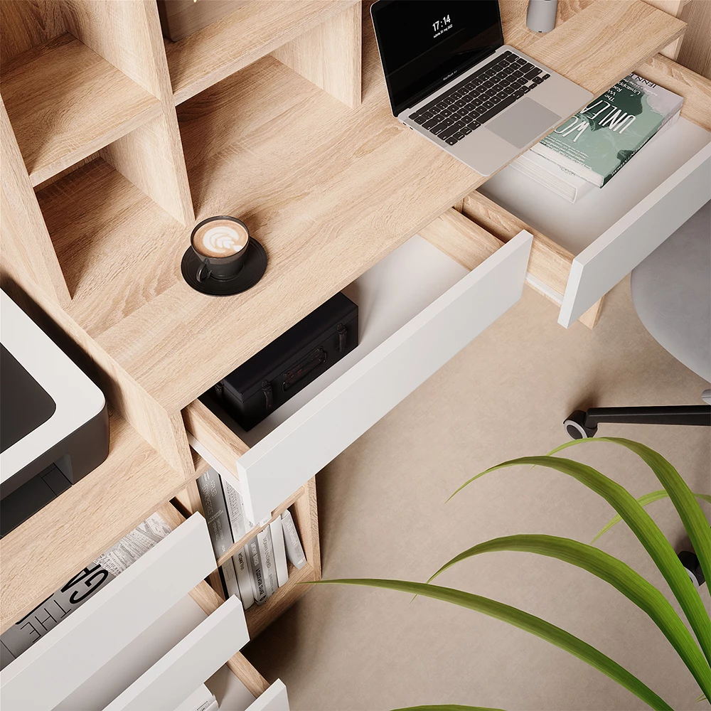 Nahaufnahme von Schreibtisch in Weiß/Sonoma, zeigt Textur/Details