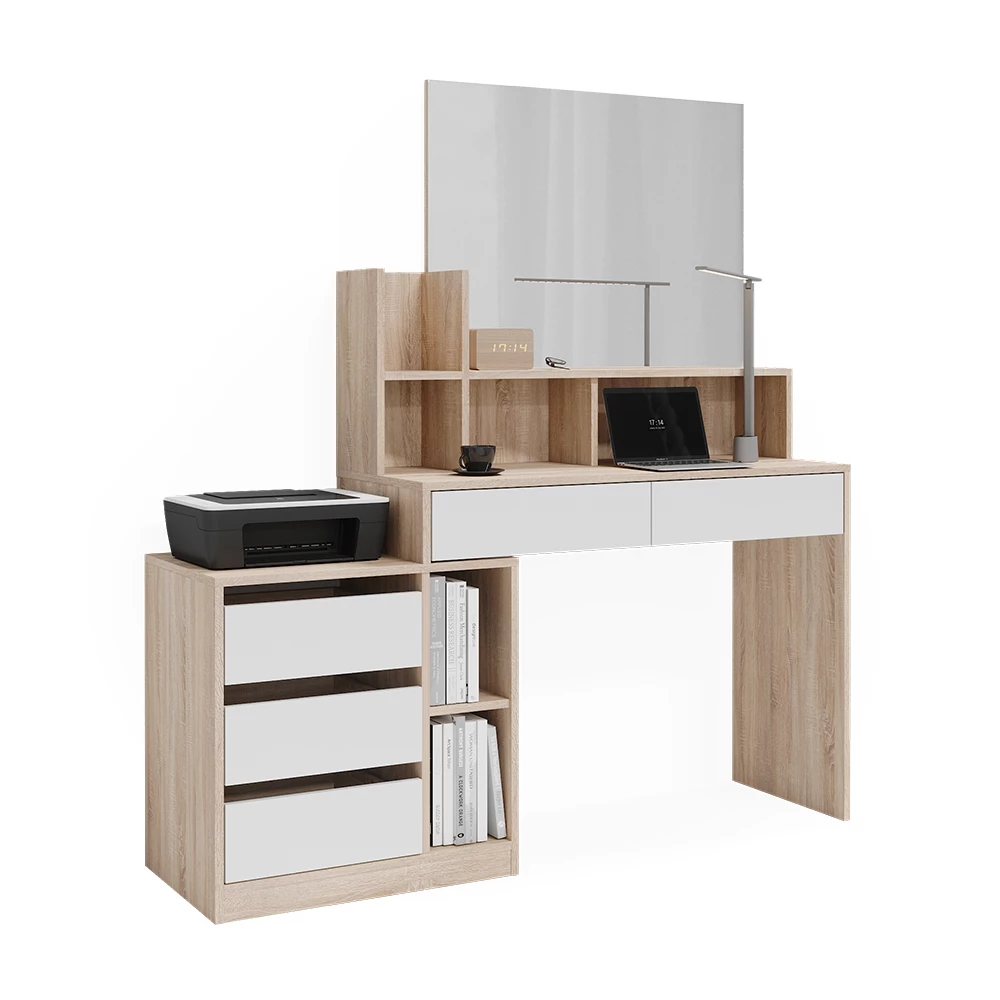 Schreibtisch in Weiß/Sonoma auf weißem Hintergrund mit dekorativen Elementen