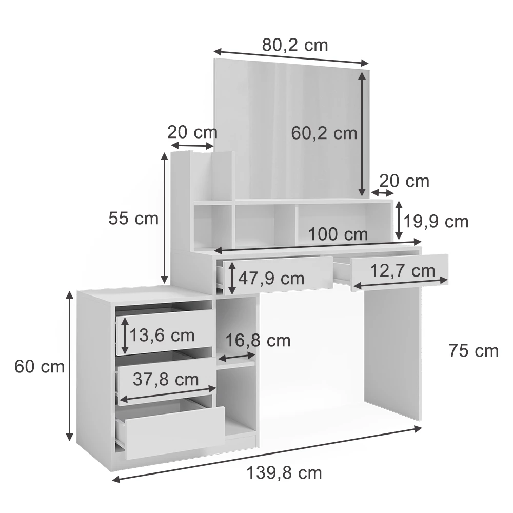 Schreibtisch in Weiß auf weißem Hintergrund mit sichtbaren Maßen