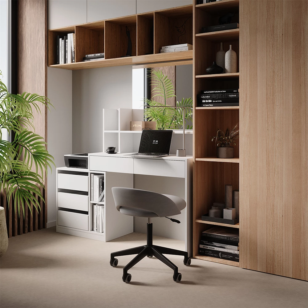 Schreibtisch in Weiß, dargestellt im Ambiente mit Dekoration