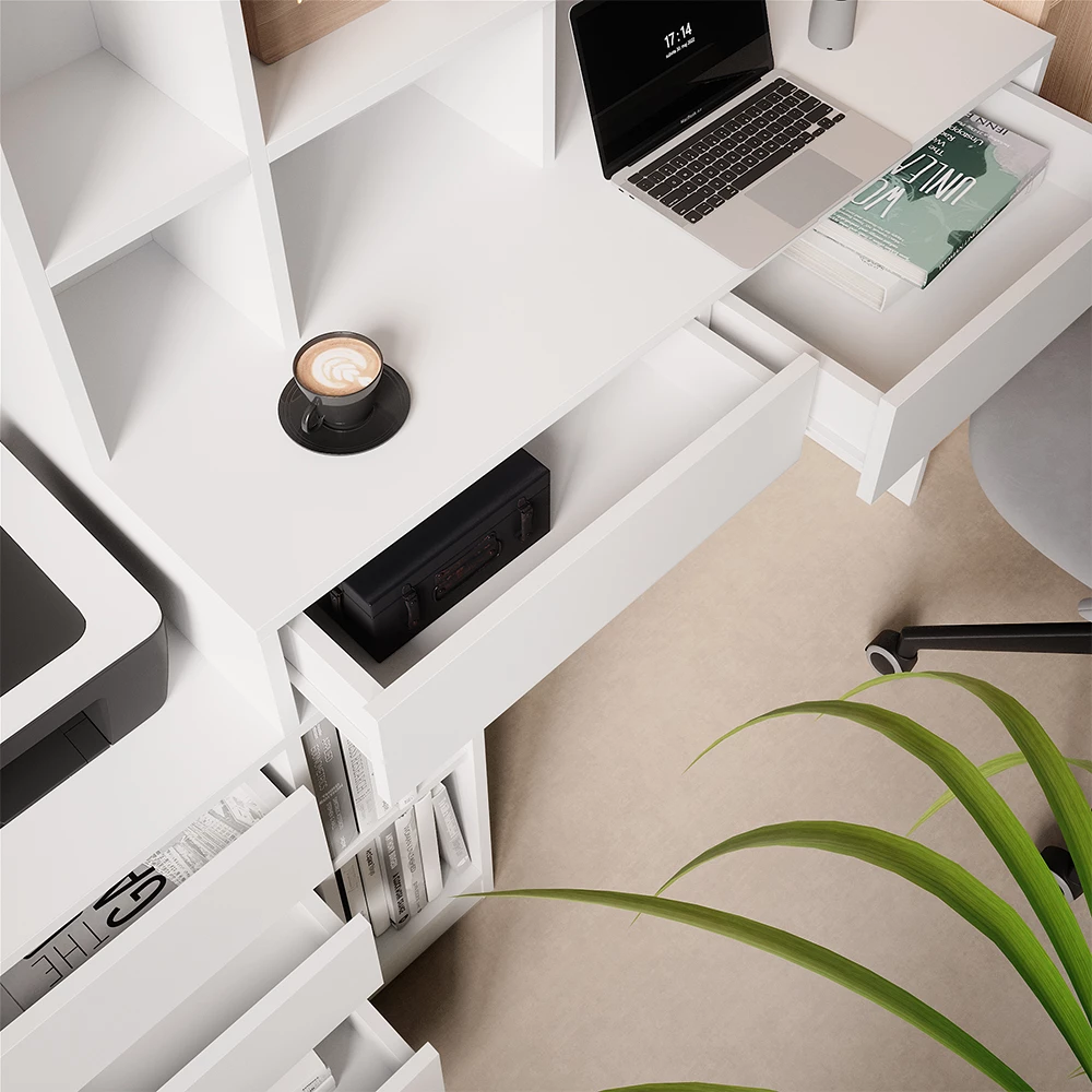 Nahaufnahme von Schreibtisch in Weiß, zeigt Textur/Details