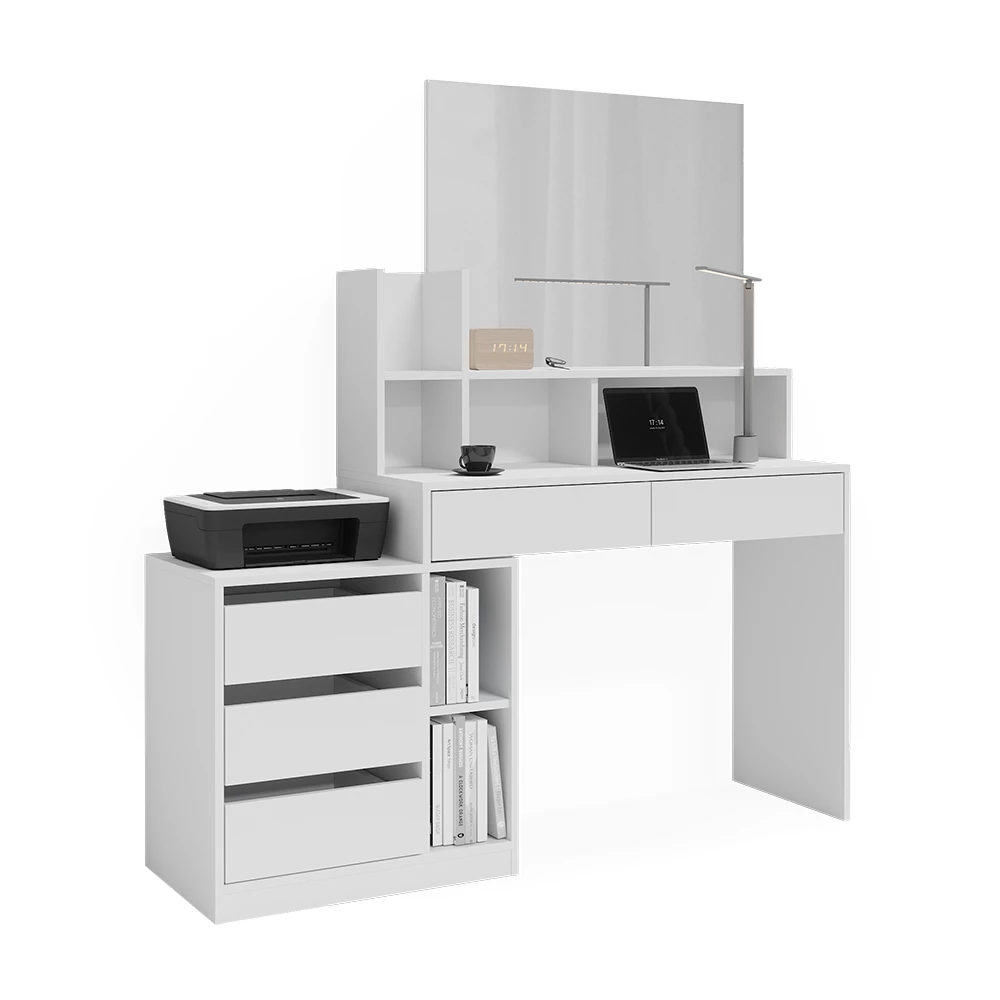 Schreibtisch in Weiß auf weißem Hintergrund mit dekorativen Elementen