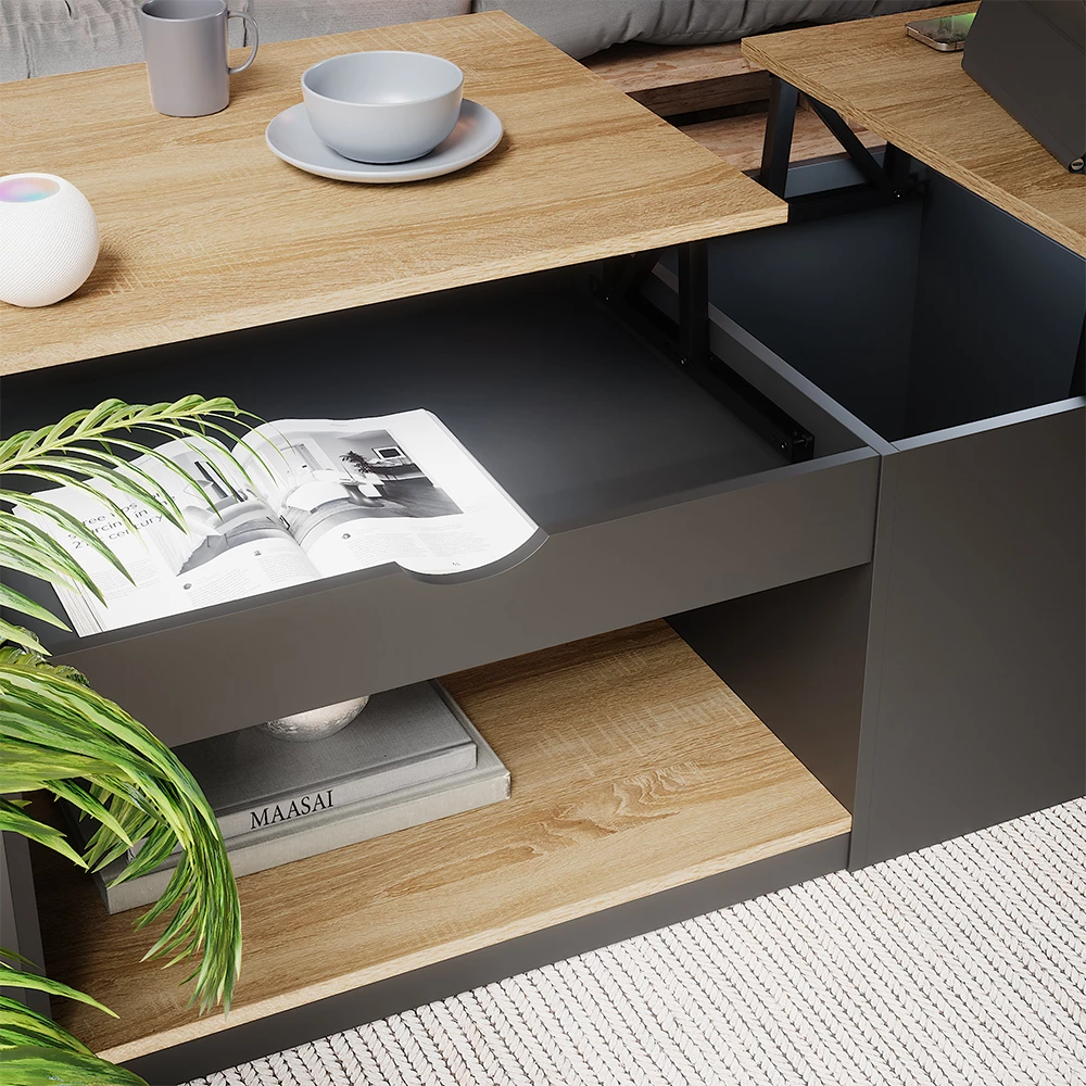 Nahaufnahme von Couchtisch in Schwarz, zeigt Textur/Details