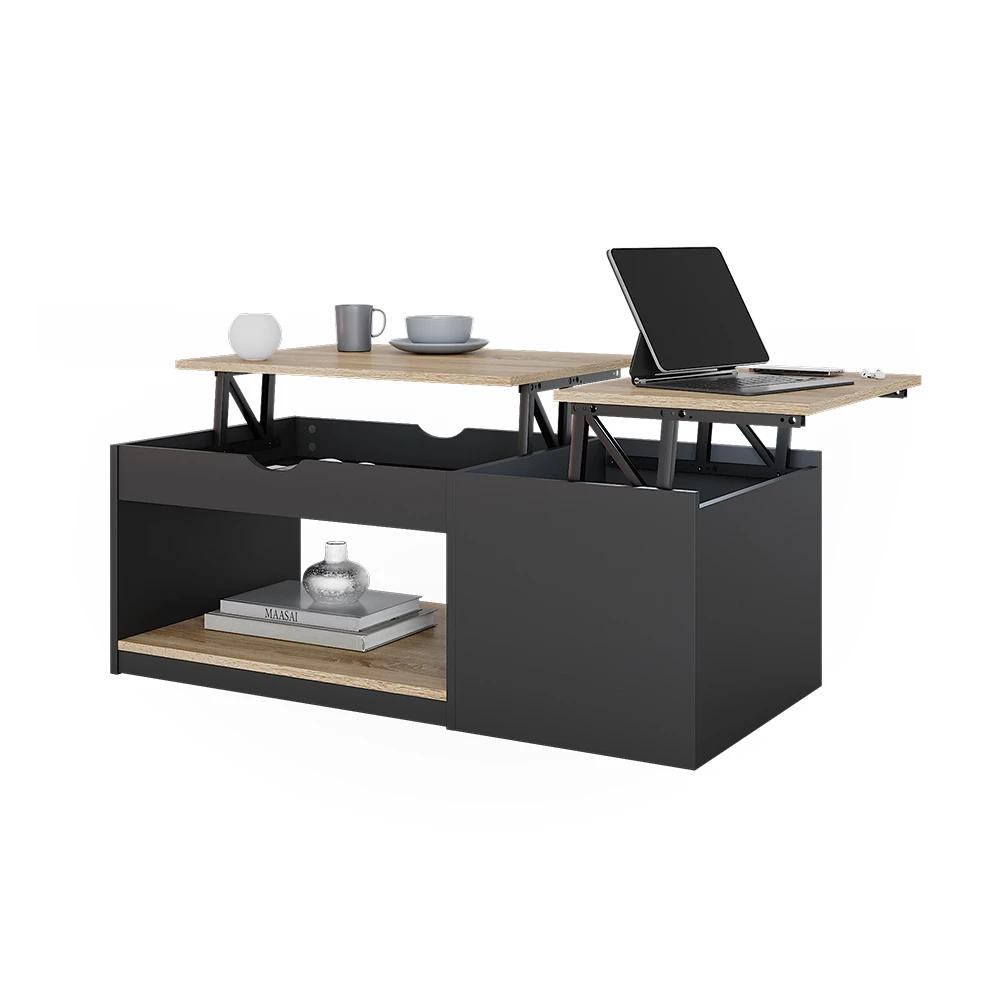 Couchtisch in Schwarz auf weißem Hintergrund mit dekorativen Elementen