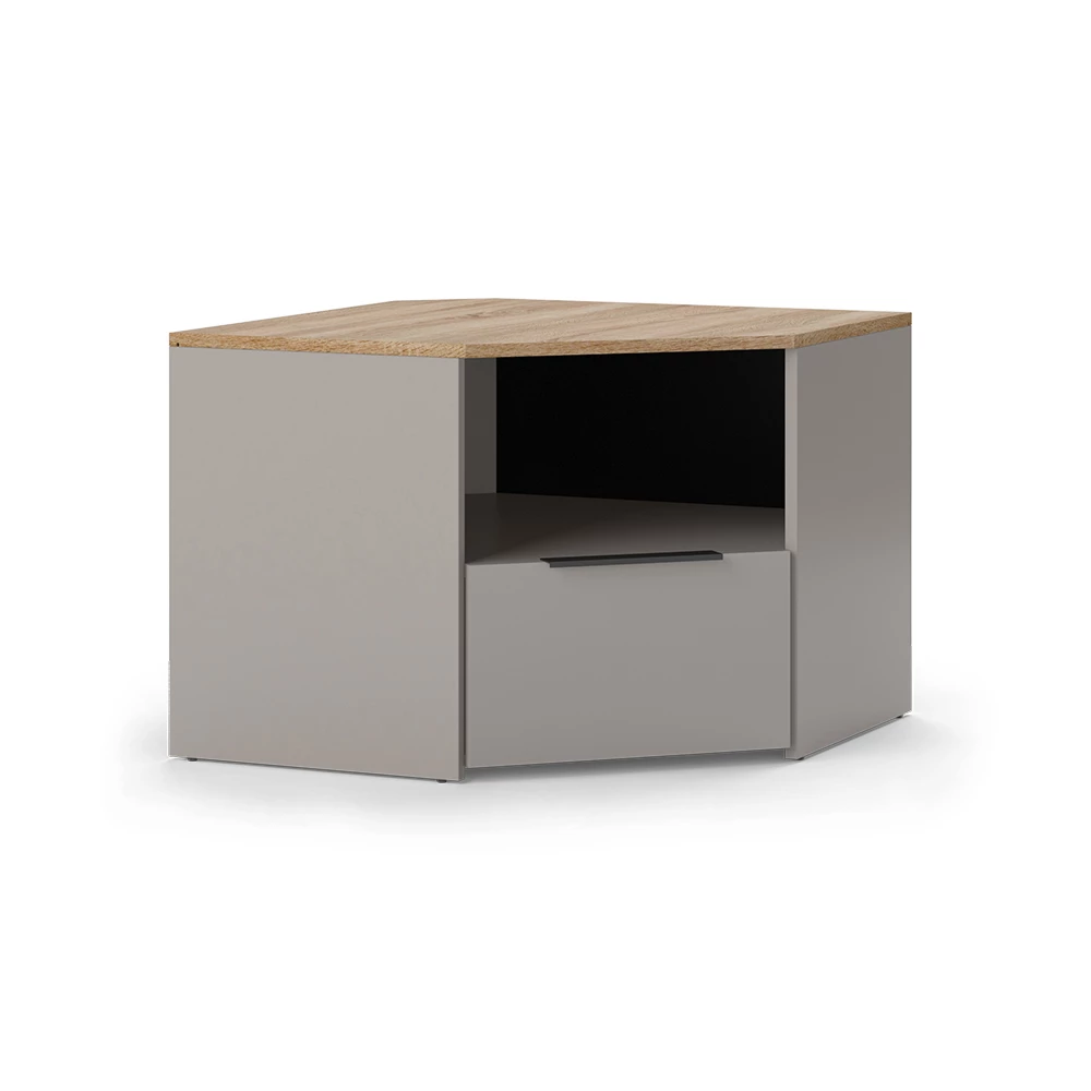 Lowboard in Greige auf weißem Hintergrund