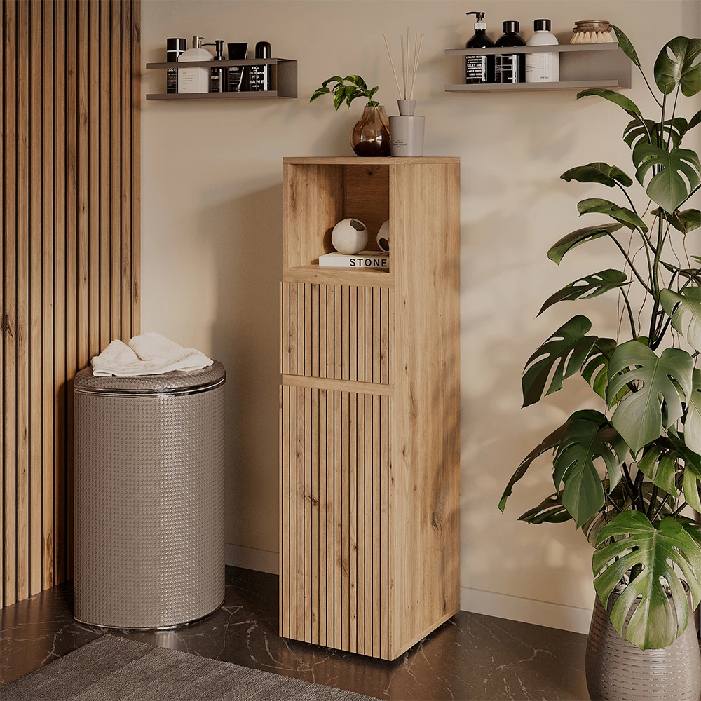 Meuble salle de bain en Artisan, présenté dans un décor ambiant avec décoration
