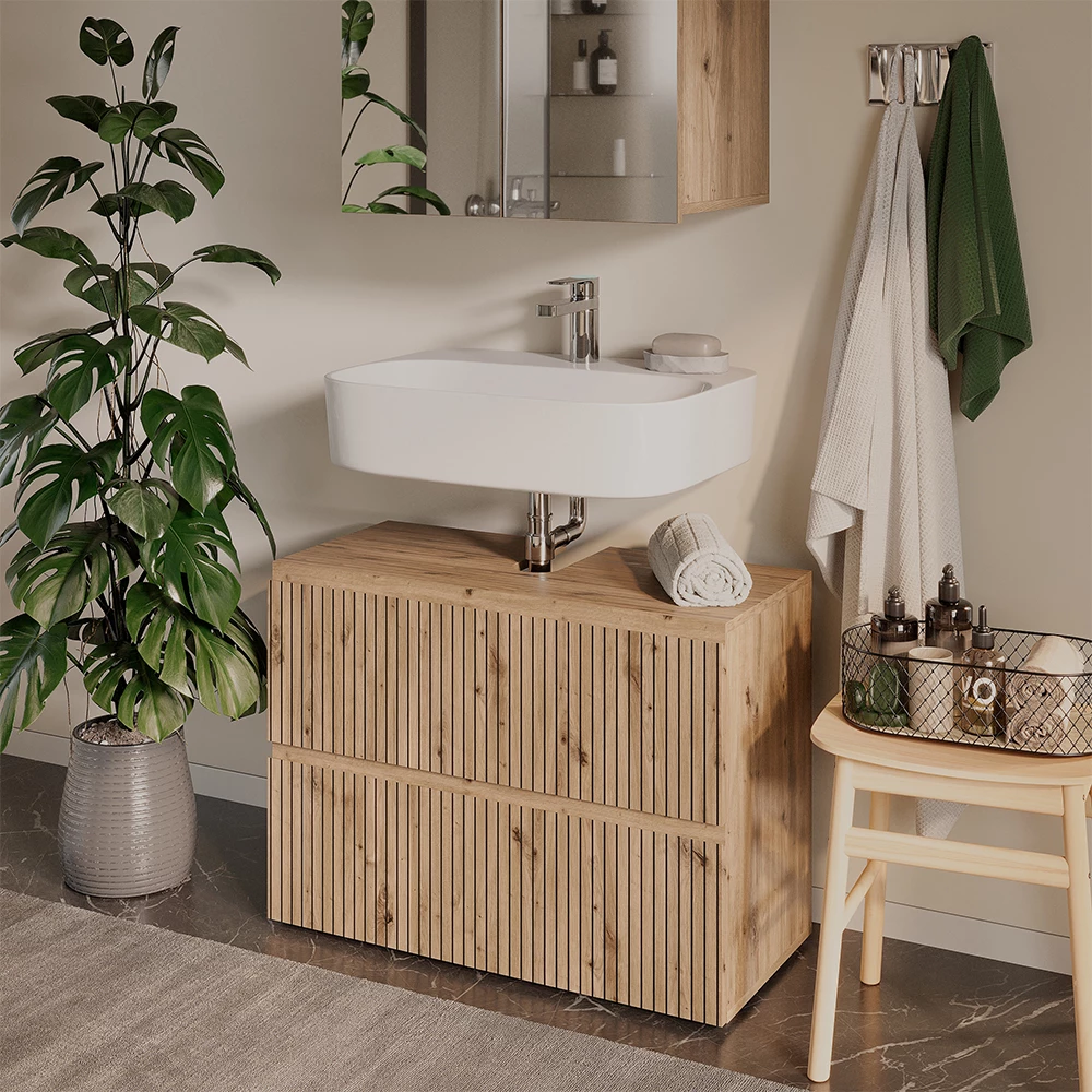 Wastafelonderkast in Ambachtelijk shown in ambient setting with decoration