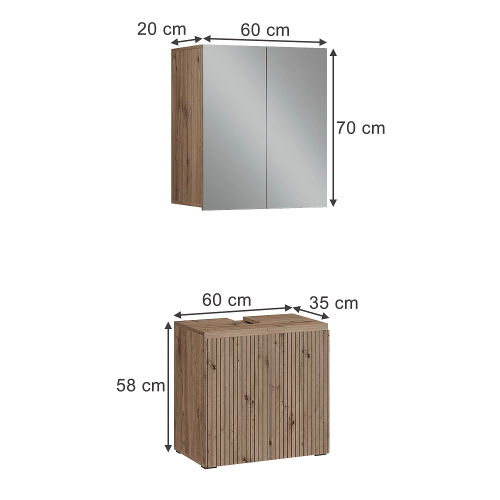 Badkamermeubelset in Ambachtelijk on white background with visible dimensions