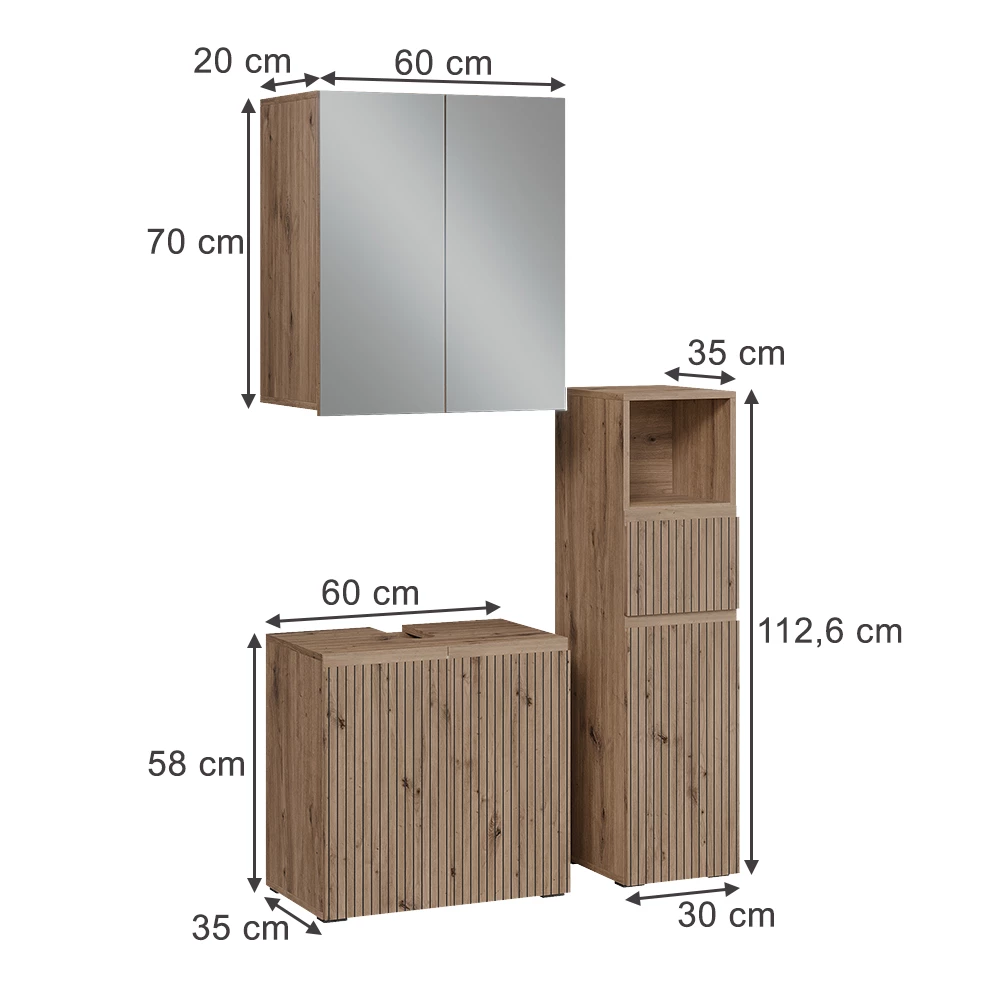 Set di mobili da bagno 3 pezzi in Artigiano on white background with visible dimensions