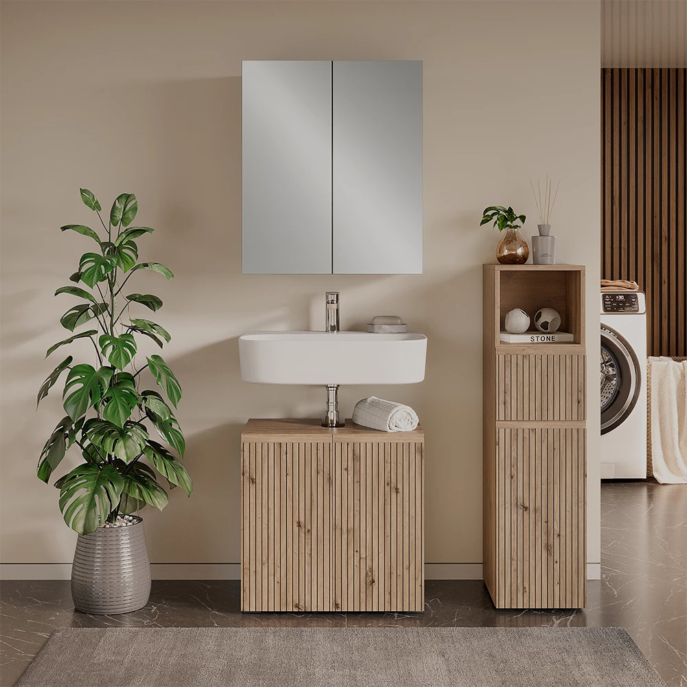 Set di mobili da bagno 3 pezzi in Artigiano shown in ambient setting with decoration