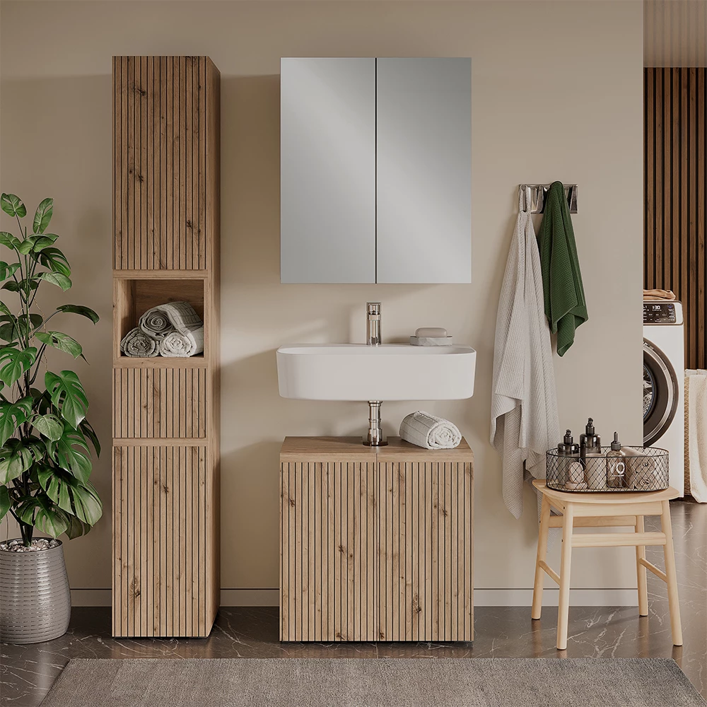 Set di mobili da bagno 3 pezzi in Artigiano shown in ambient setting with decoration