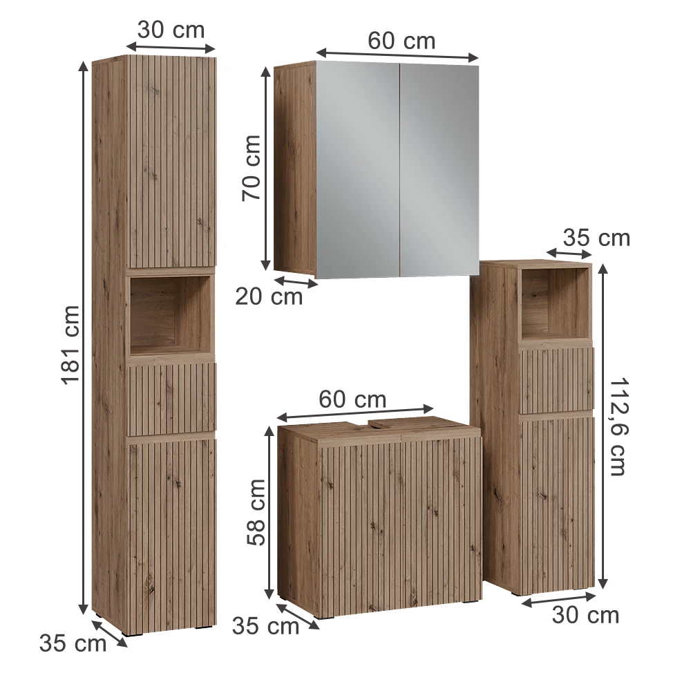 Badmöbel-Set in Artisan auf weißem Hintergrund mit sichtbaren Maßen
