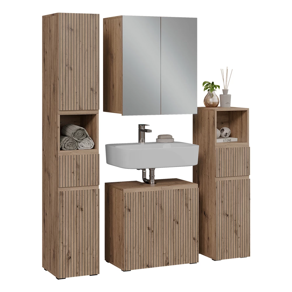 Badmöbel-Set in Artisan auf weißem Hintergrund mit dekorativen Elementen