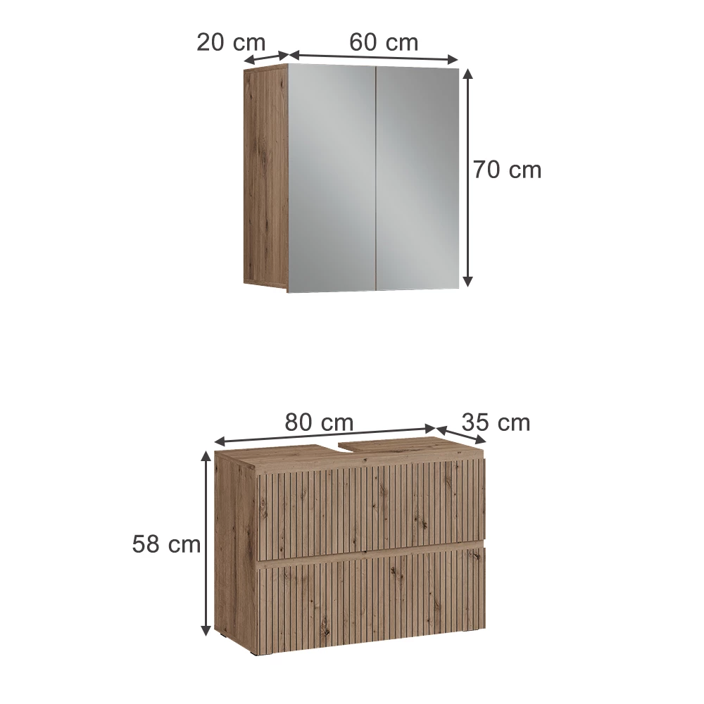 Badmöbel-Set in Artisan auf weißem Hintergrund mit sichtbaren Maßen
