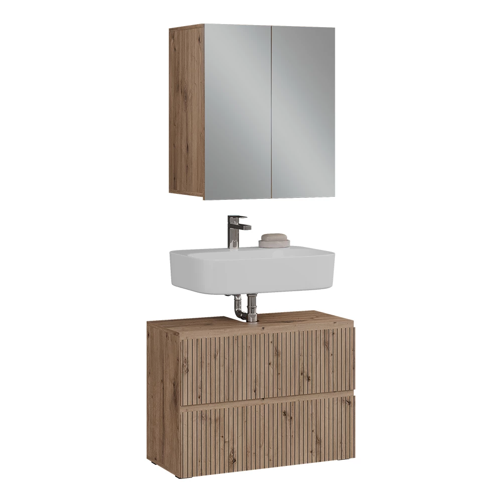 Badmöbel-Set in Artisan auf weißem Hintergrund mit dekorativen Elementen