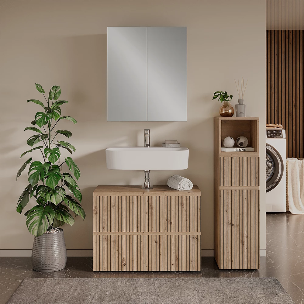 3-delige badkamermeubelset in Ambachtelijk shown in ambient setting with decoration