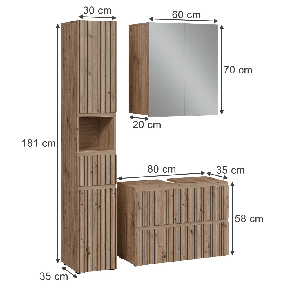 Set di mobili da bagno 3 pezzi in Artigiano on white background with visible dimensions