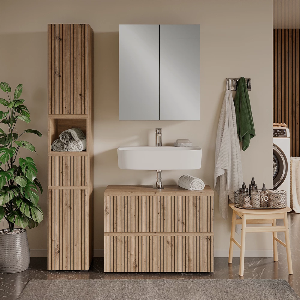 Set di mobili da bagno 3 pezzi in Artigiano shown in ambient setting with decoration