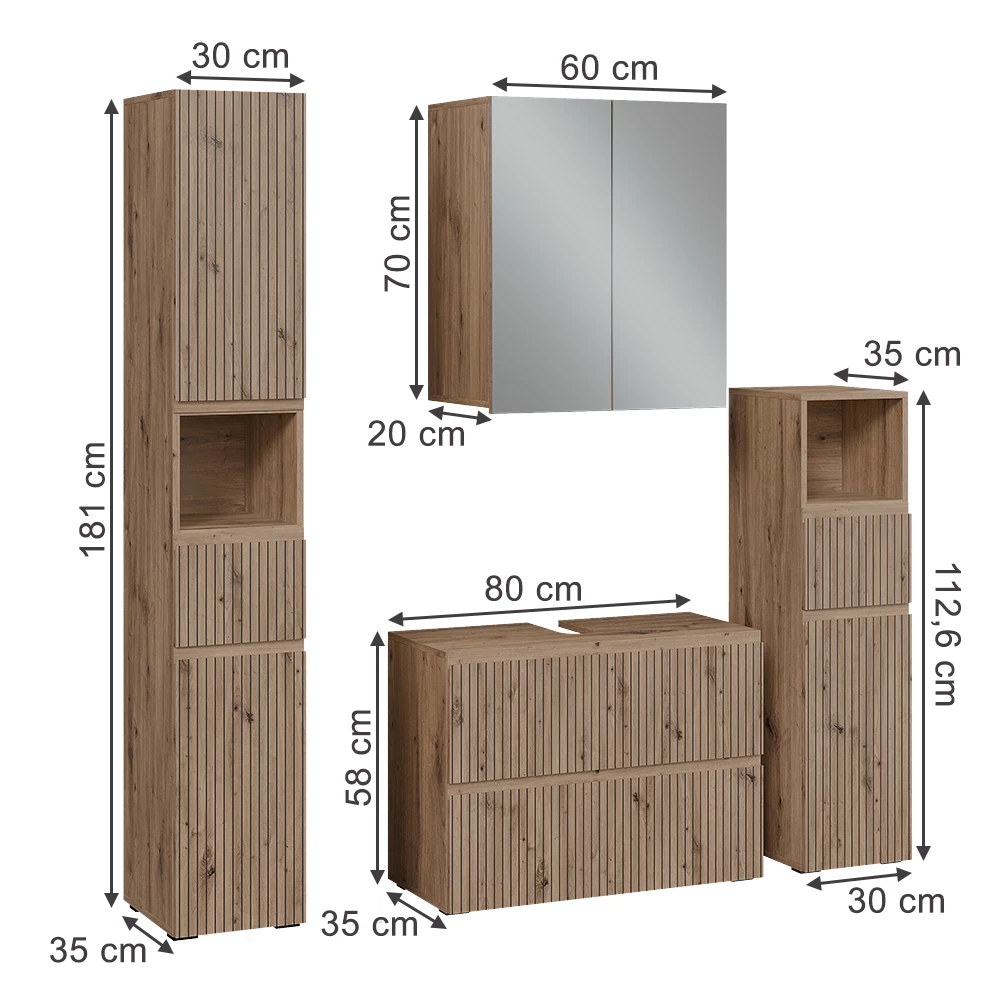 Set di mobili da bagno in Artigiano on white background with visible dimensions