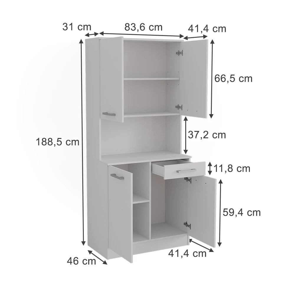 buffet de cuisine en Blanc sur fond blanc avec dimensions visibles
