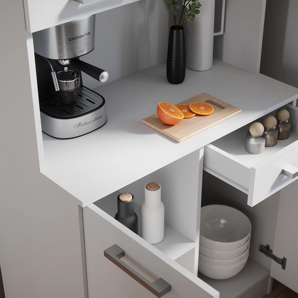 Gros plan de buffet de cuisine en Blanc, montrant la texture/les détails
