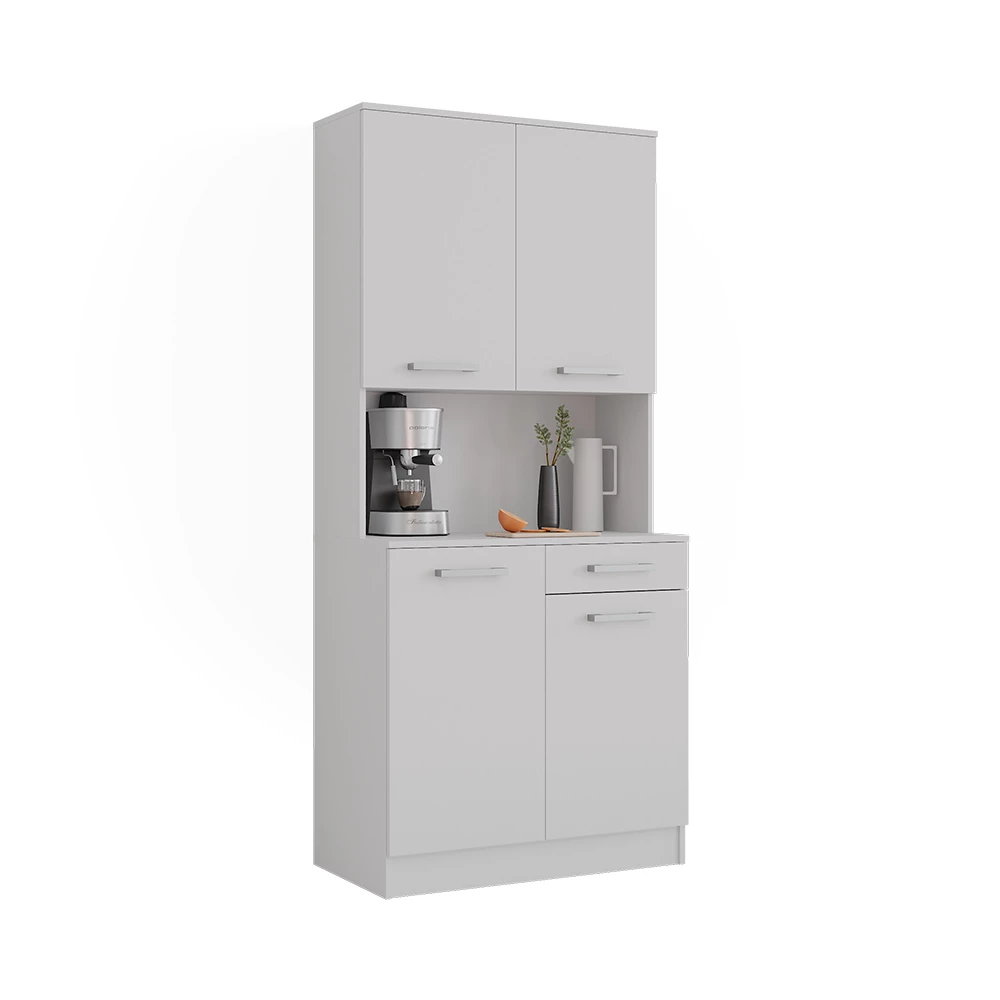 buffet de cuisine en Blanc sur fond blanc avec des éléments décoratifs