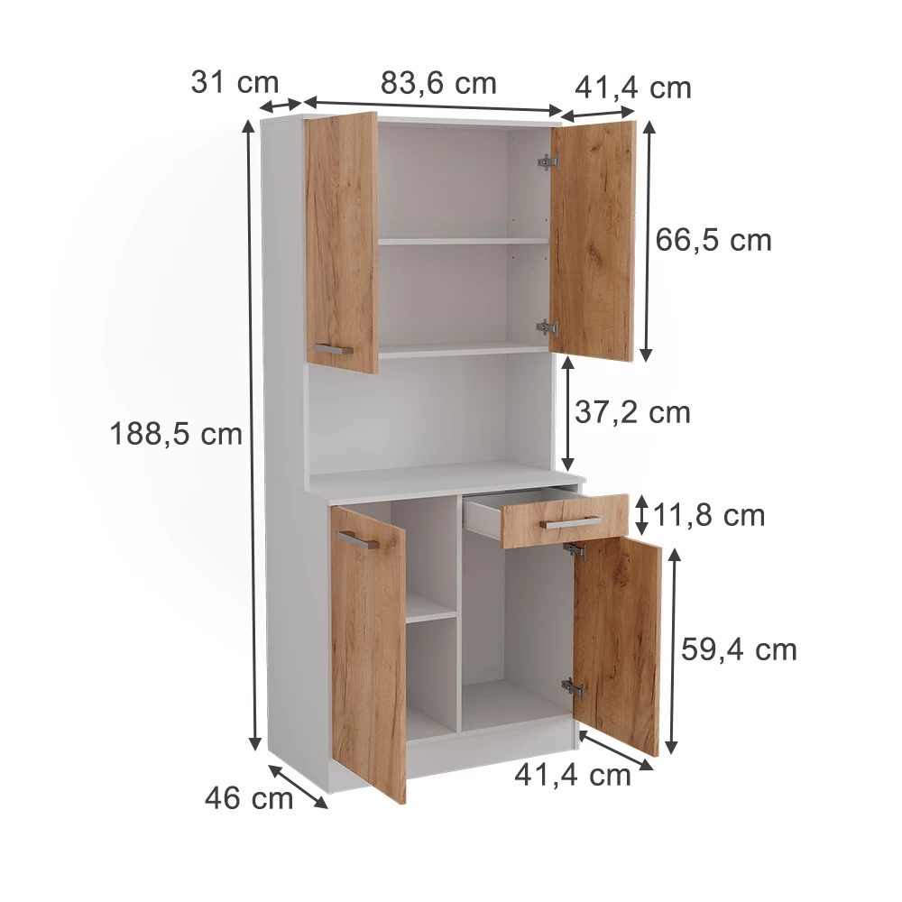 buffet de cuisine en Chêne blanc/force de l'or sur fond blanc avec dimensions visibles