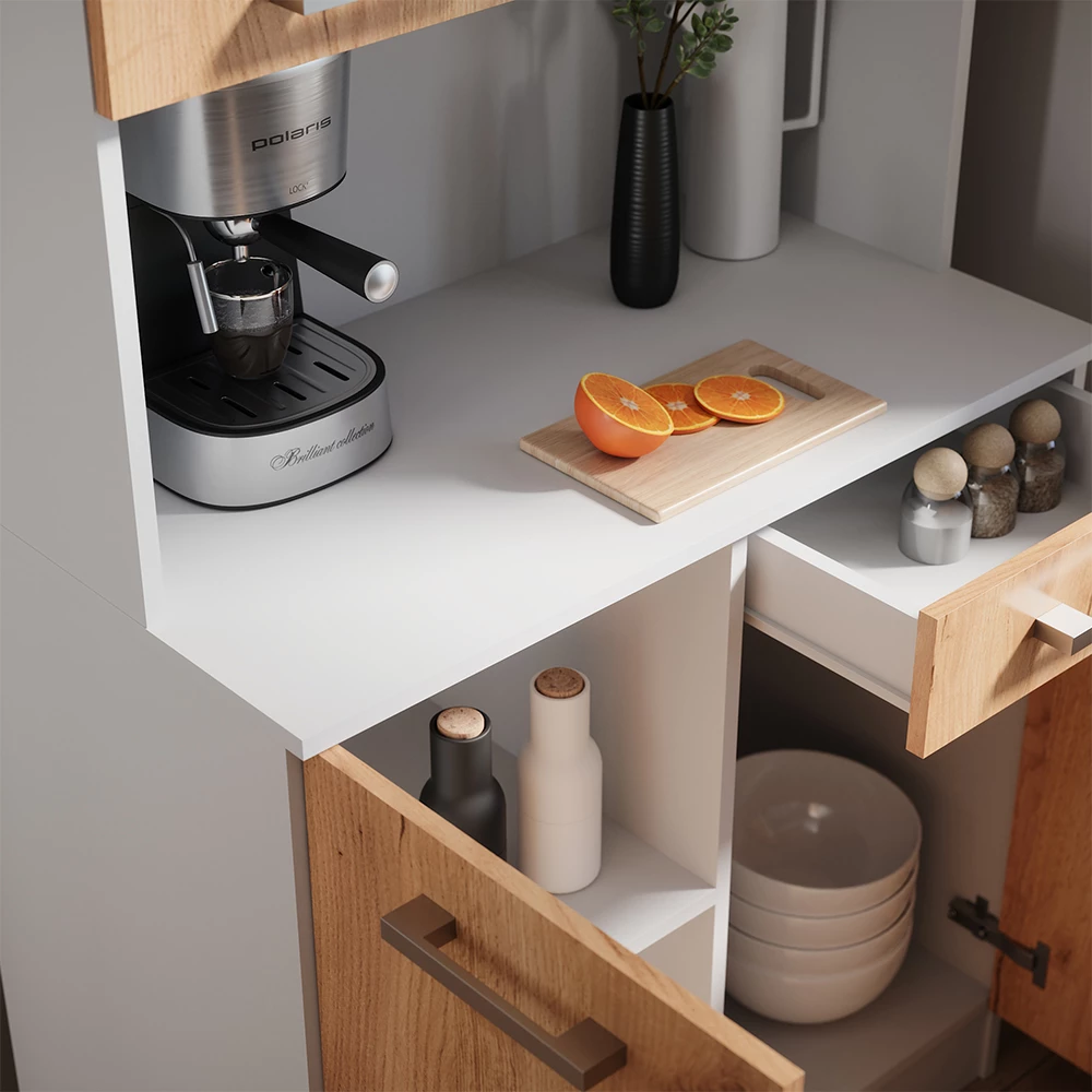 Gros plan de buffet de cuisine en Chêne blanc/force de l'or, montrant la texture/les détails