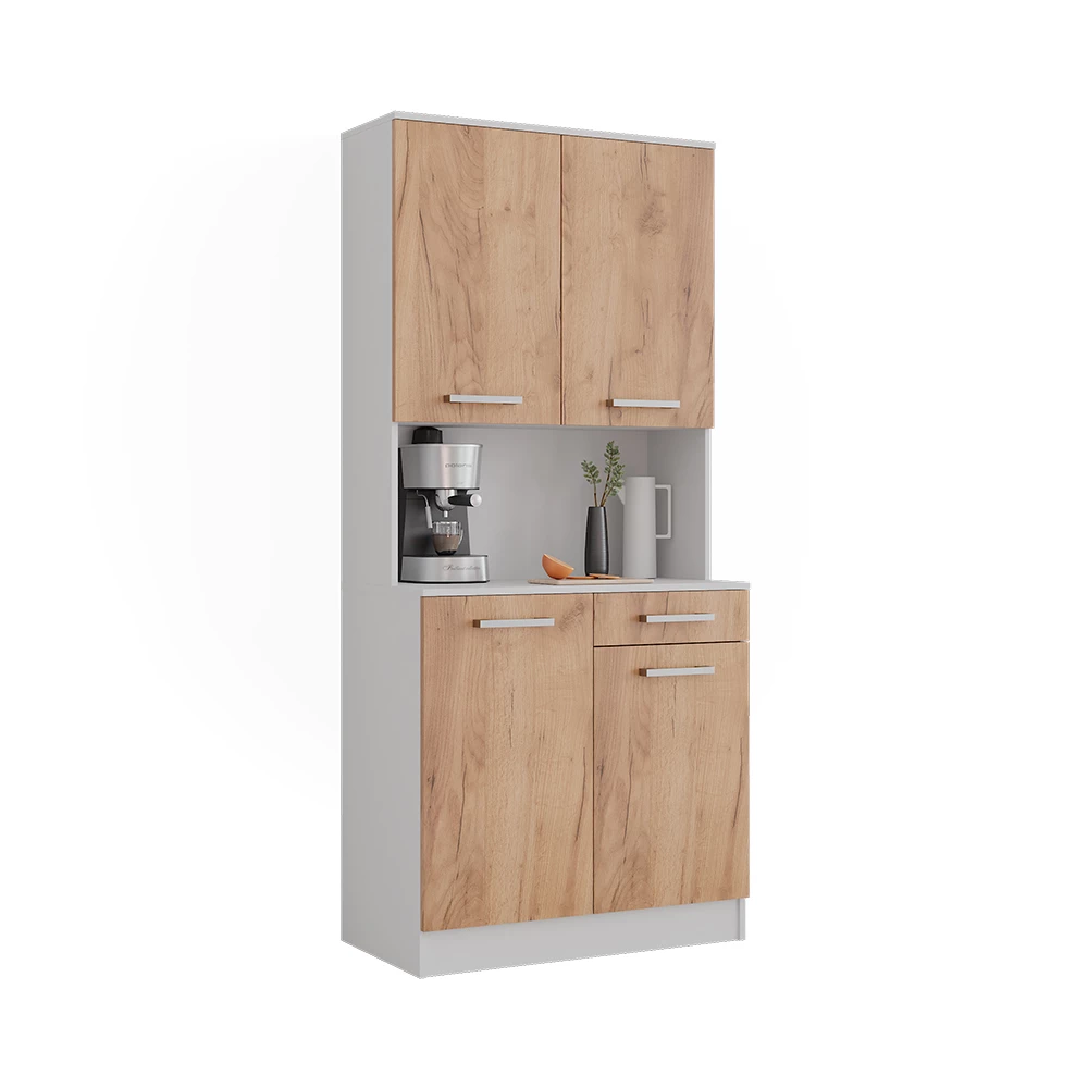 buffet de cuisine en Chêne blanc/force de l'or sur fond blanc avec des éléments décoratifs