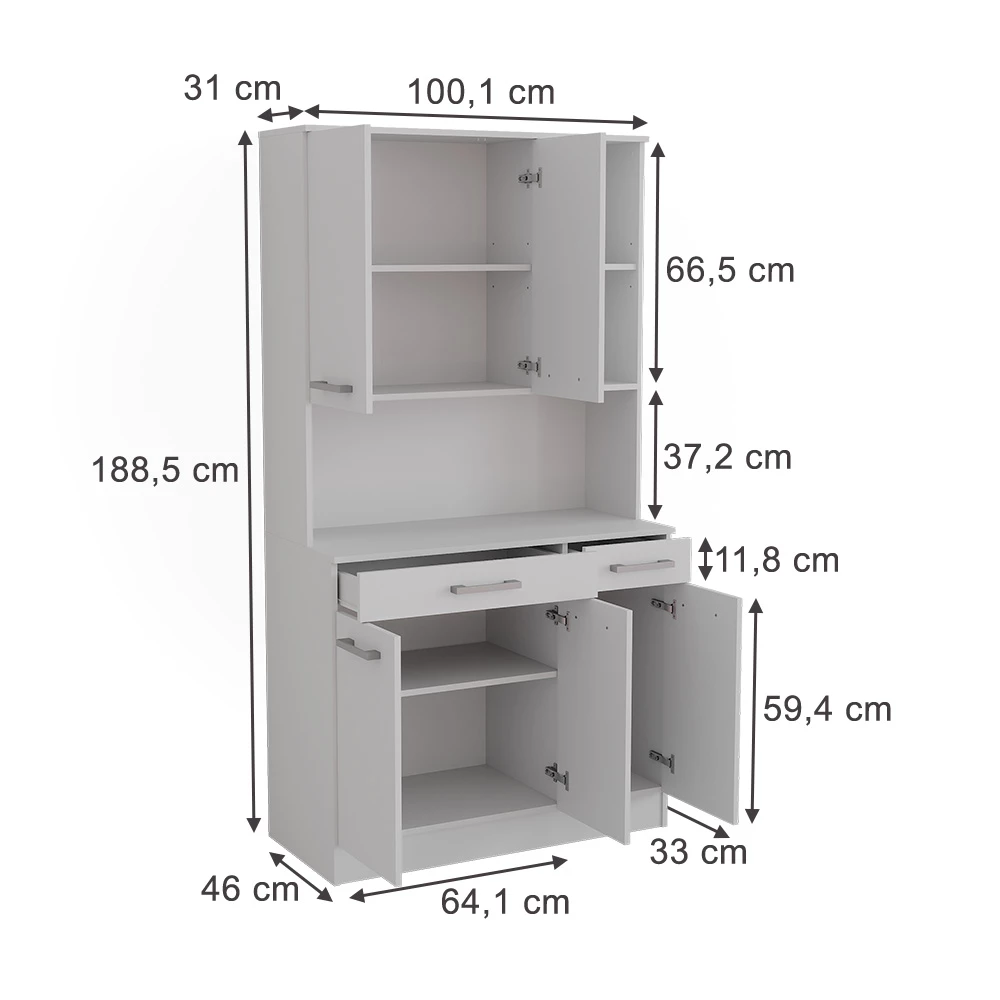 Küchenbuffet in Weiß auf weißem Hintergrund mit sichtbaren Maßen
