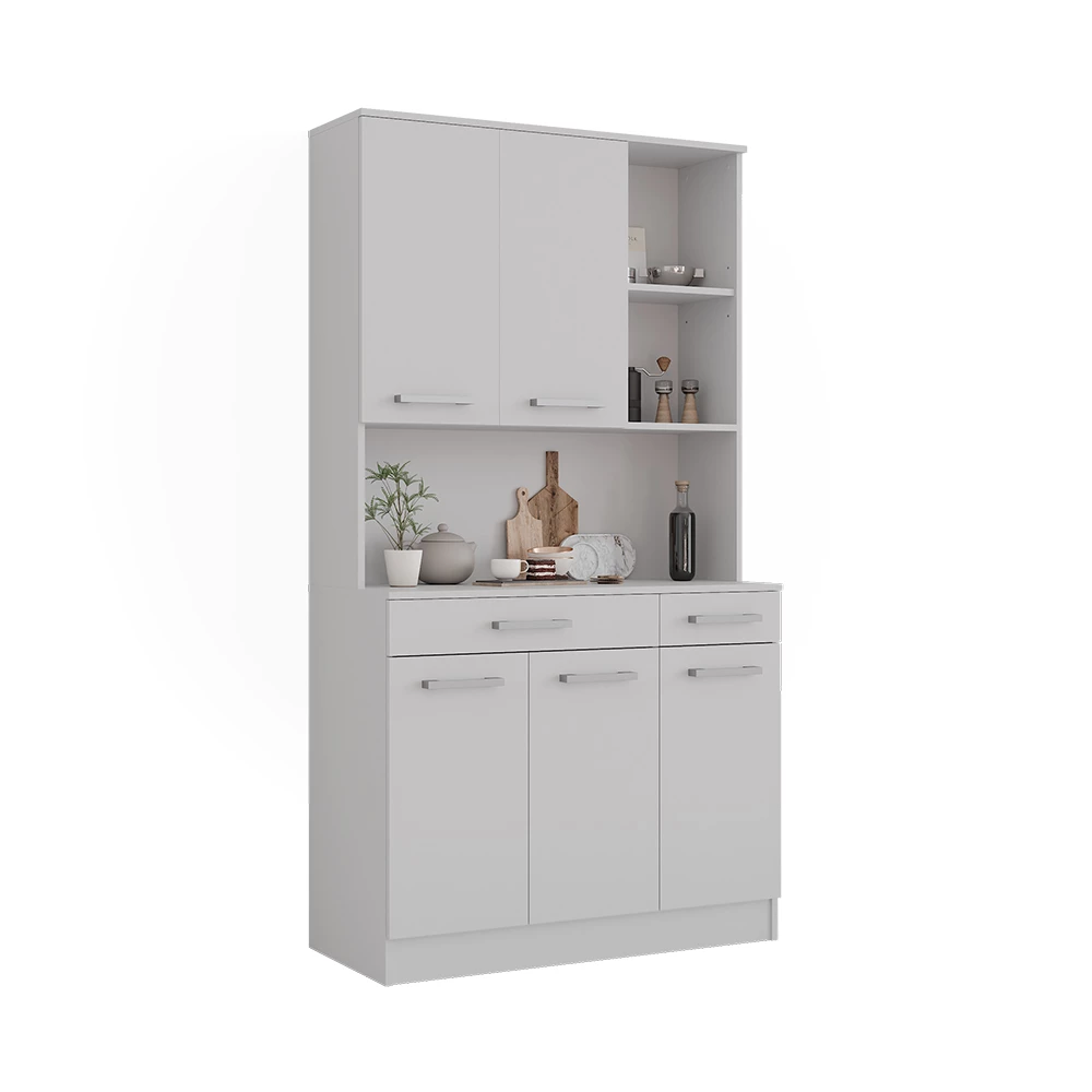 Küchenbuffet in Weiß auf weißem Hintergrund mit dekorativen Elementen