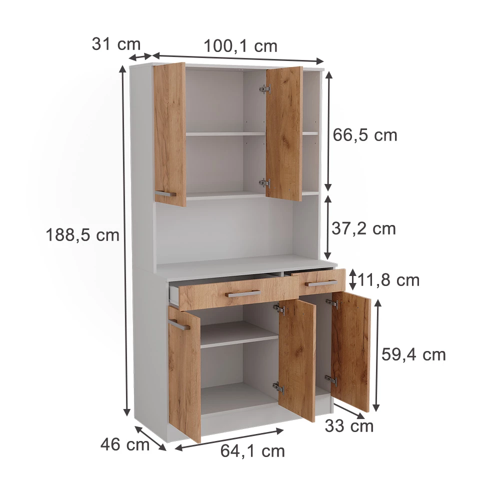 buffet de cuisine en Chêne blanc/force de l'or sur fond blanc avec dimensions visibles