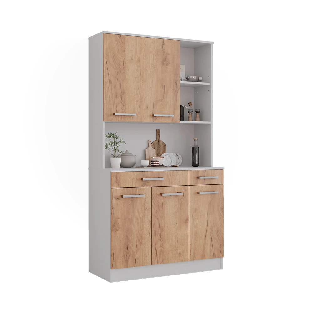 buffet de cuisine en Chêne blanc/force de l'or sur fond blanc avec des éléments décoratifs