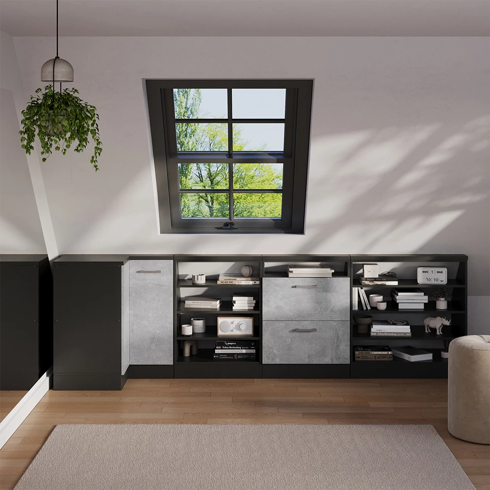 Dachschrägenschrank in Anthrazit auf weißem Hintergrund
