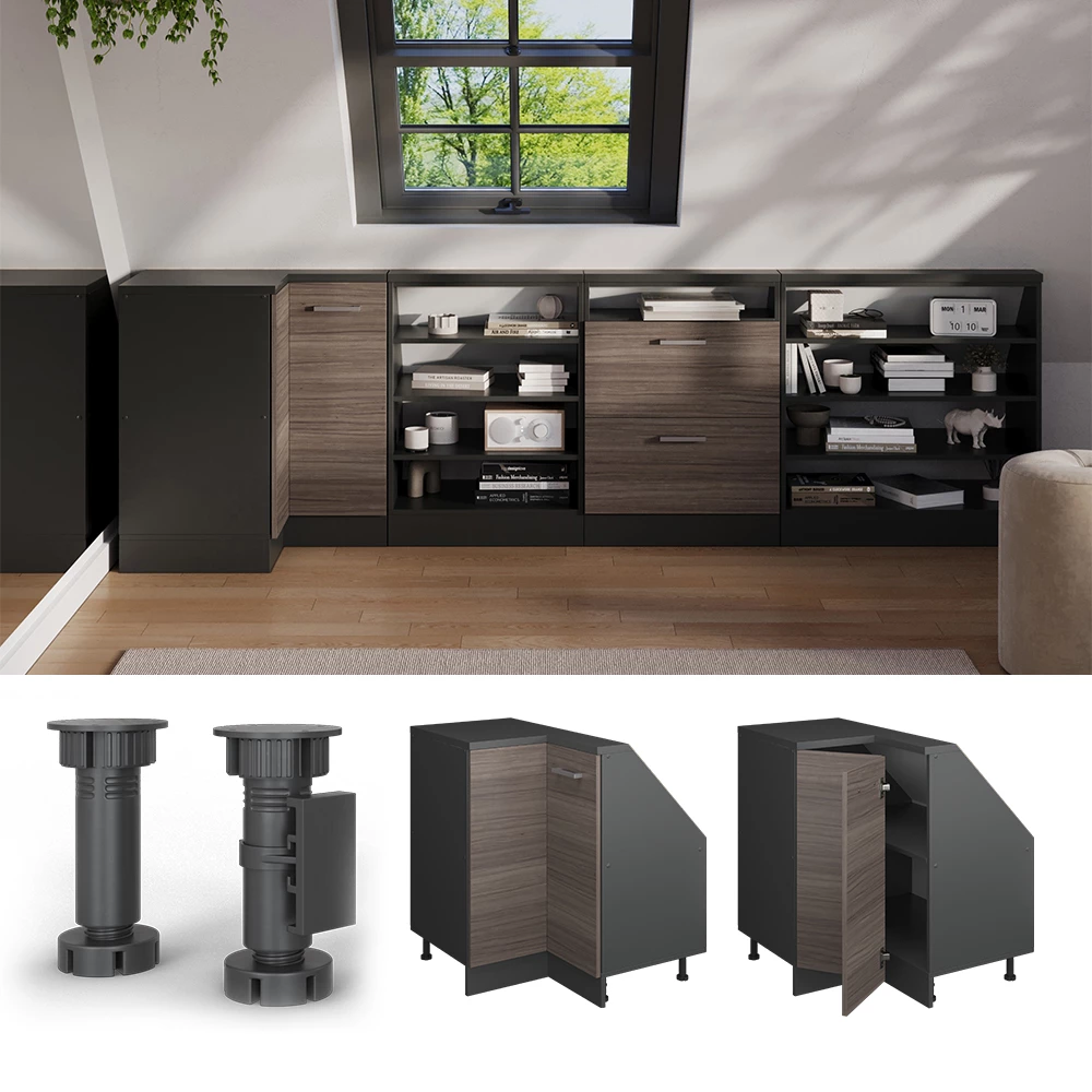 Skab til skrå væg Hjørneskab i farven Ædelgrå/antracit på hvid baggrund