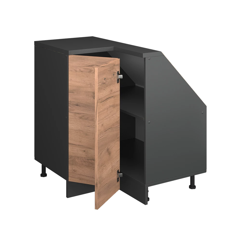 Nahaufnahme von Dachschrägenschrank Eckschrank in Goldkraft Eiche/Anthrazit, zeigt Textur/Details