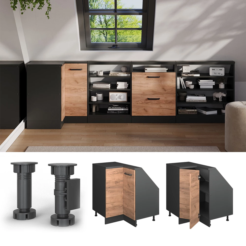 Skab til skrå væg Hjørneskab i farven Guld power eg/antracit på hvid baggrund