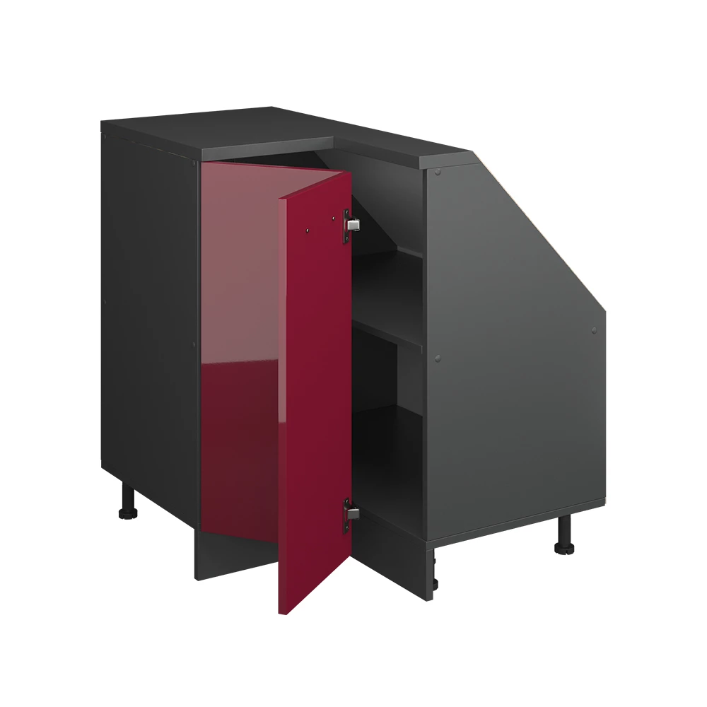 Nahaufnahme von Dachschrägenschrank Eckschrank in Rot Hochglanz/Anthrazit, zeigt Textur/Details