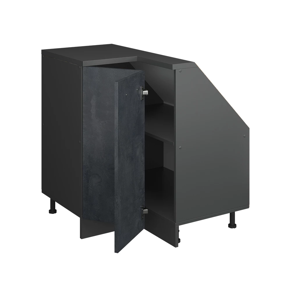 Nahaufnahme von Dachschrägenschrank Eckschrank in Schwarz Beton/Anthrazit, zeigt Textur/Details