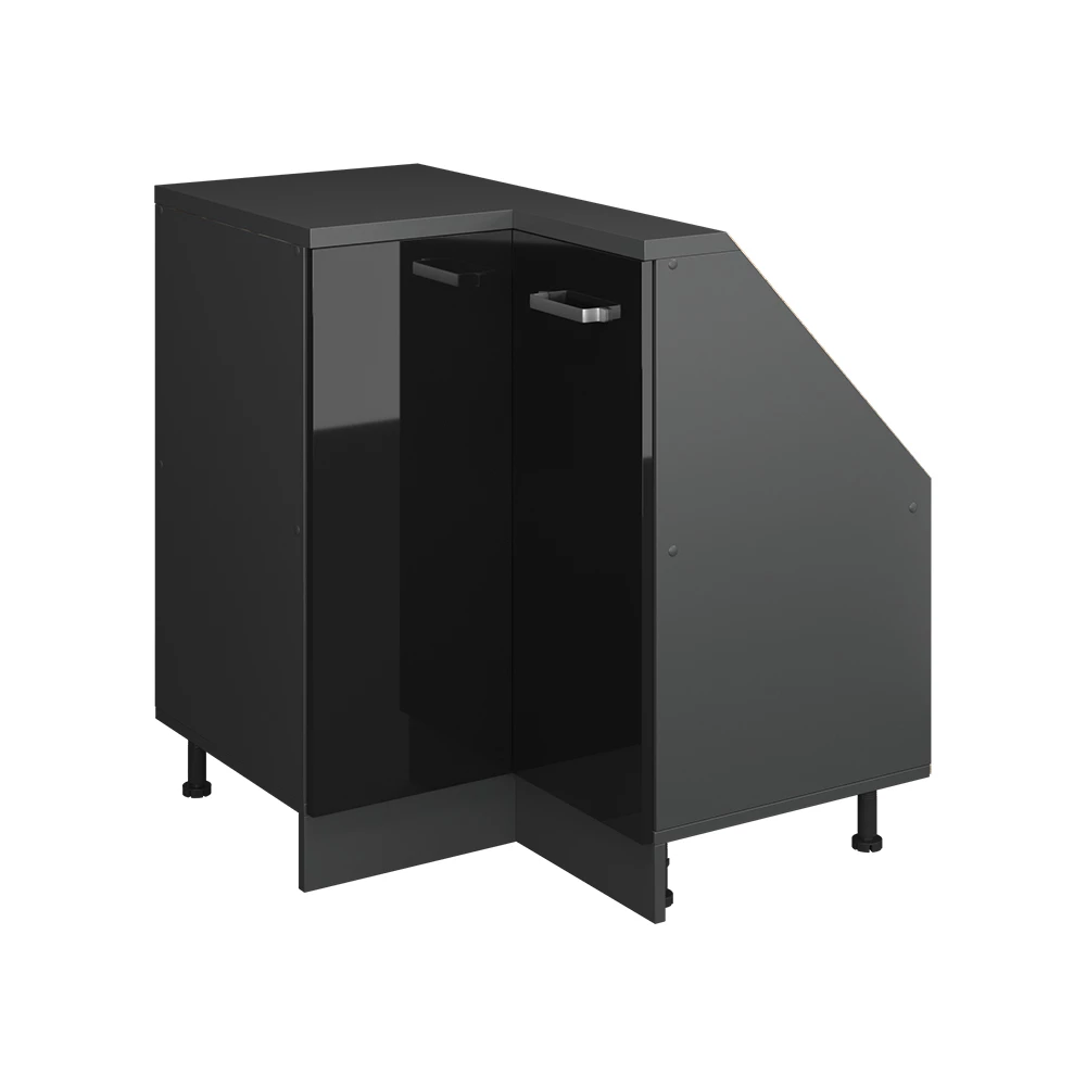 Dachschrägenschrank Eckschrank in Schwarz Hochglanz/Anthrazit auf weißem Hintergrund