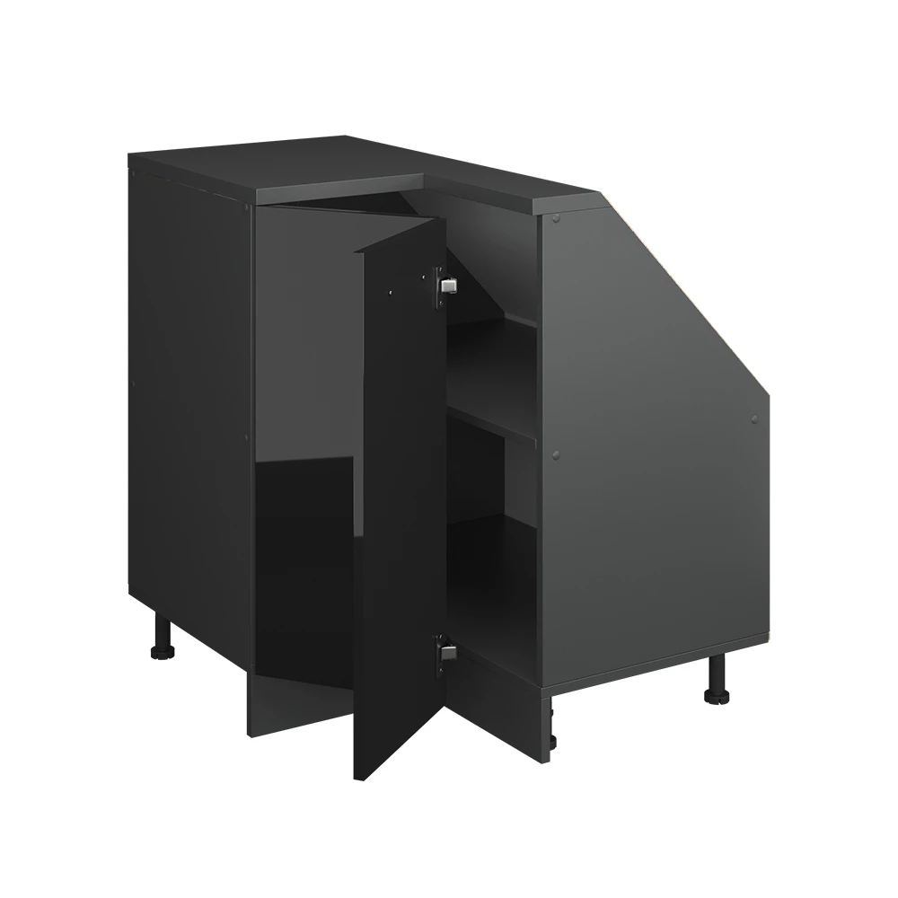 Nahaufnahme von Dachschrägenschrank Eckschrank in Schwarz Hochglanz/Anthrazit, zeigt Textur/Details