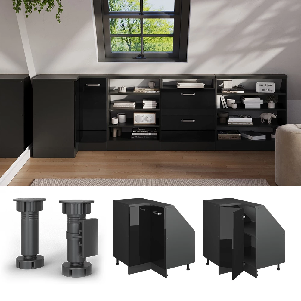 Skab til skrå væg Hjørneskab i farven Højglans sort/antracit på hvid baggrund