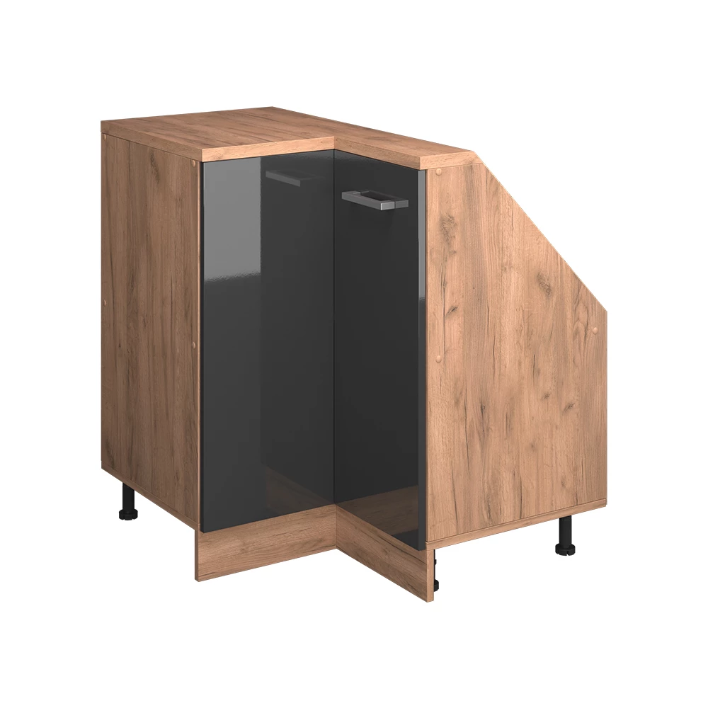 Dachschrägenschrank Eckschrank in Anthrazit Hochglanz/Goldkraft Eiche auf weißem Hintergrund