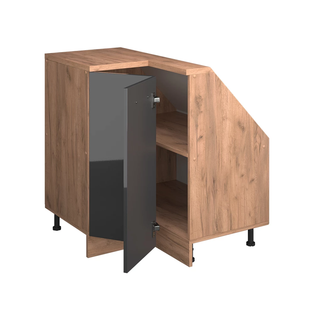 Nahaufnahme von Dachschrägenschrank Eckschrank in Anthrazit Hochglanz/Goldkraft Eiche, zeigt Textur/Details